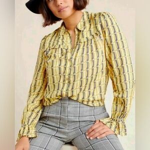 Anthropologie Maeve Fredericka Dachshund Dog Print Button Down Shirt Size 12